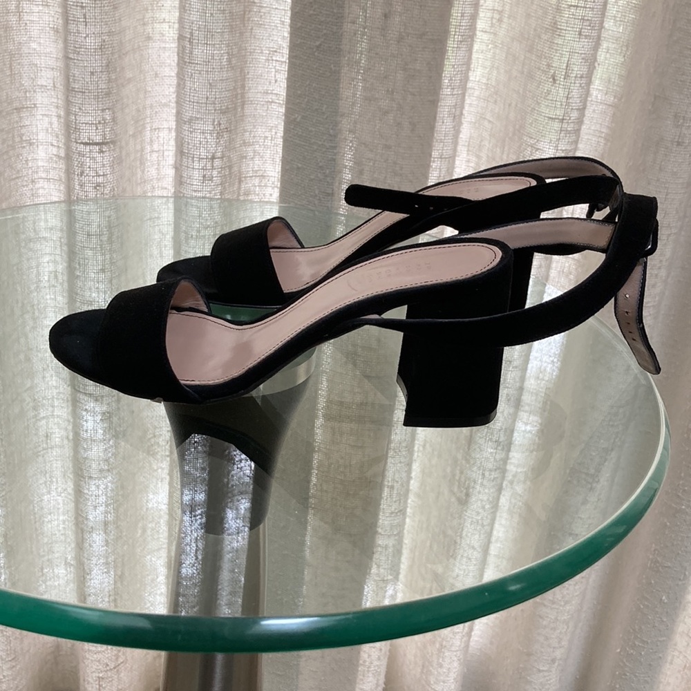 Suede Sandals with ankle strap. Medium to high heel. Elegant for day or night.